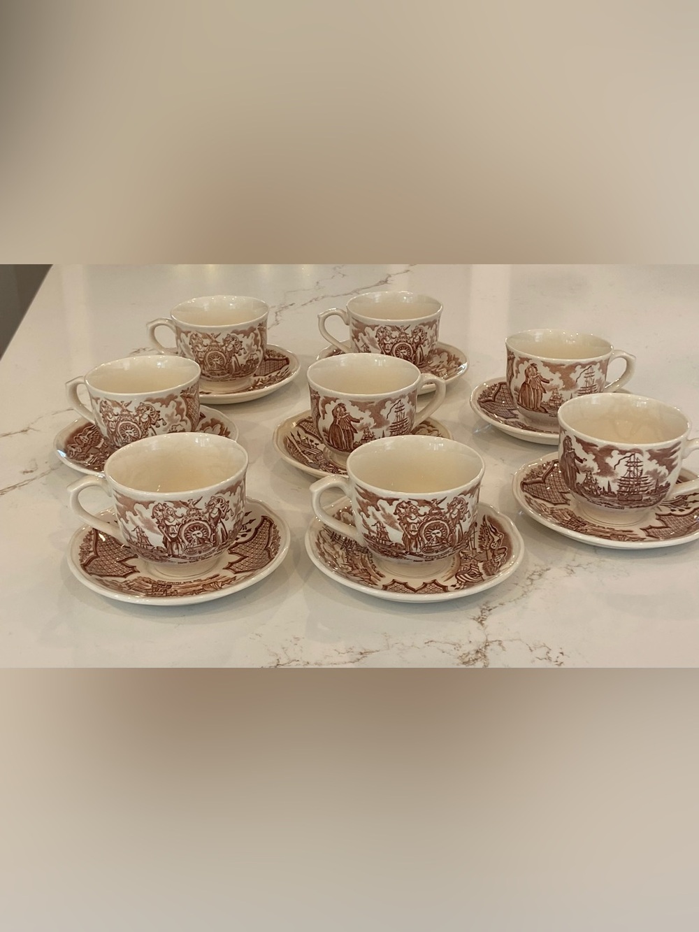 Tea Cup & Saucer Service For (8) New York Harbor Scene, State Seal By Fair Winds